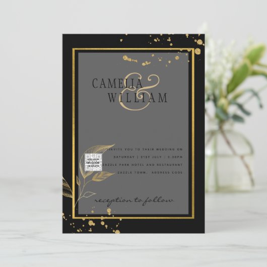 Invitation Black White Photo Wedding Inviter QR Code Enregist (Debout devant)