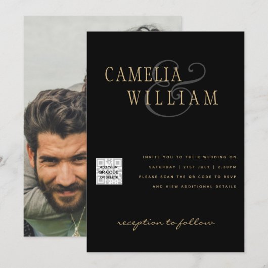 Invitation Black White PHOTO Wedding Inviter QR CODE Enregist (Devant / Derrière)