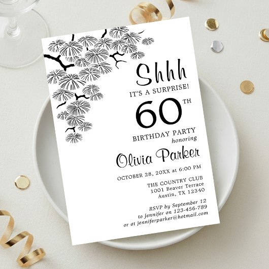 Invitation Black White Pine Branch Surprise 60th Birthday