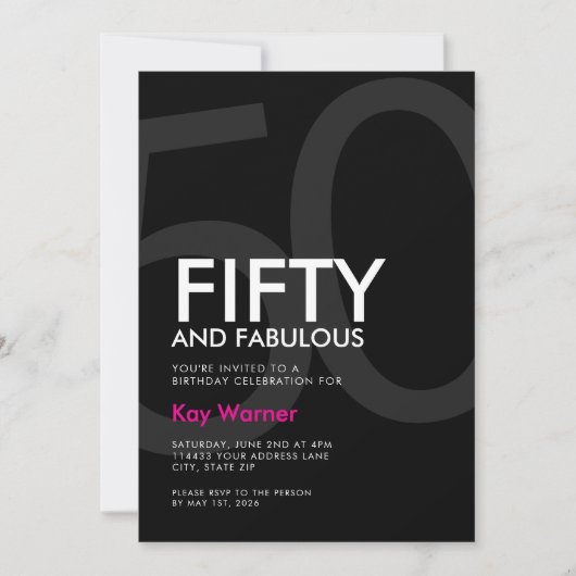 Invitation Black White Pink Fifty and Fabulous 50th Birthday (Devant)