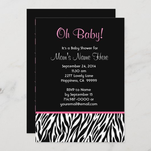 Invitation Black White Pink Zebra Baby shower d'impression V0 (Devant / Derrière)