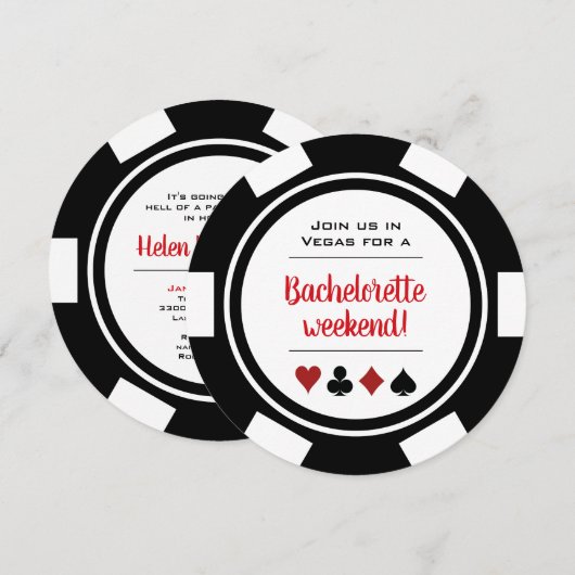 Invitation Black White Poker Chip Casino Bachelorette Party (Devant / Derrière)