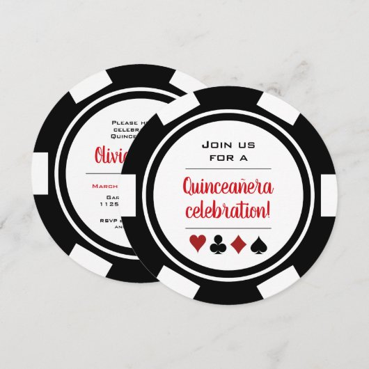 Invitation Black White Poker Chip Las Vegas Style Quinceañera (Devant / Derrière)