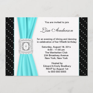 Invitation Black White Polka Dot Diamond Turquoise 50e annive