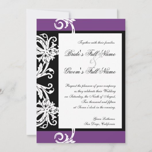 Invitation Black White Purple Heart Mariage damassé Invitatio (Devant)