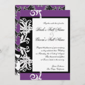 Invitation Black White Purple Heart Mariage damassé Invitatio (Devant / Derrière)