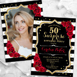 Invitation Black White Red Photo Surprise 50e anniversaire<br><div class="desc">Elégante invitation à 50e anniversaire fleurie et féminine avec votre photo au dos de la carte. Noir noir blanc rouge design avec faux or parties scintillant. Caractéristiques noir et blanc rayures, roses rouges, police de script et confetti. Parfait pour une fête anniversaire adulte élégante. Personnalisez avec vos propres détails. Peut...</div>