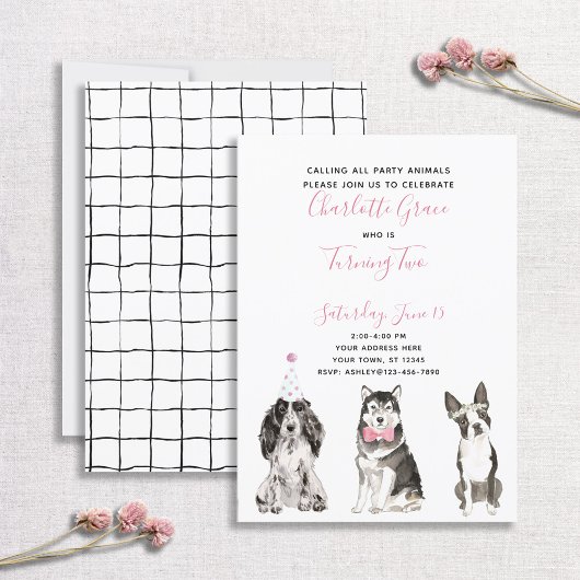 Invitation Black White Rose Chien Fille du 2e anniversaire