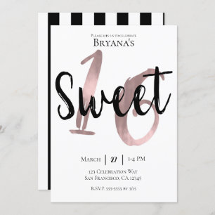 Invitation Black White Rose Gold Pink Sweet 16 Anniversaire