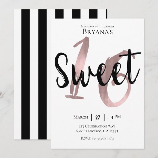 Invitation Black White Rose Gold Rose Sweet 16 Anniversaire (Devant / Derrière)