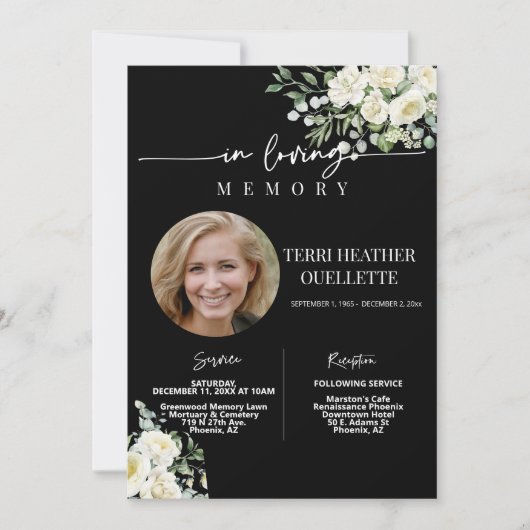 Invitation Black White Roses funérailles (Devant)