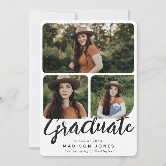 Invitation Black & White Script 4 Photos Graduation Party (Devant)