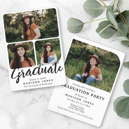Invitation Black & White Script 4 Photos Graduation Party