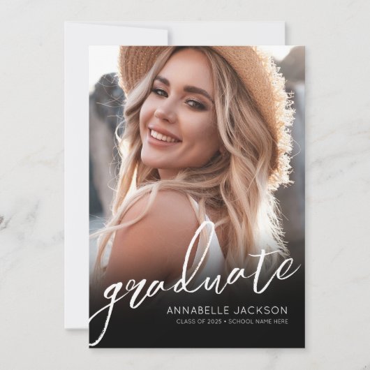 Invitation Black White Script Simple Photo Graduation (Devant)