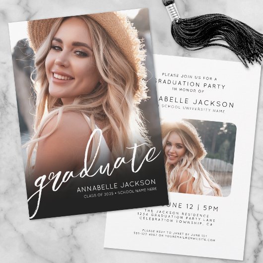 Invitation Black White Script Simple Photo Graduation