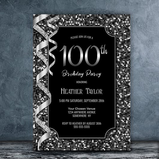 Invitation Black White Sequins 100e fête d'anniversaire