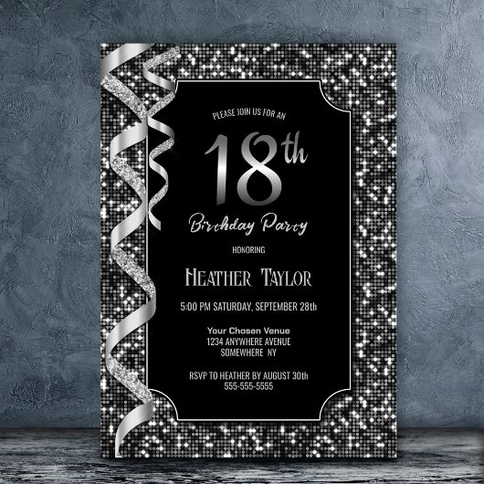 Invitation Black White Sequins 18ème anniversaire