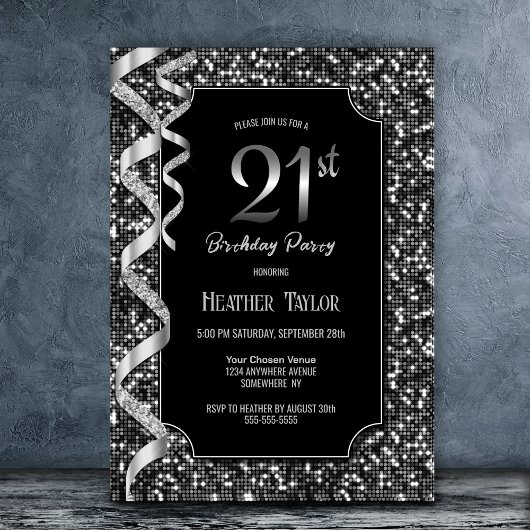 Invitation Black White Sequins 21e fête d'anniversaire