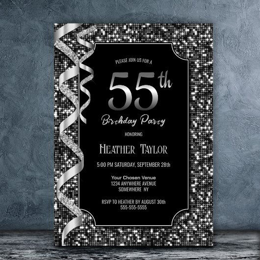 Invitation Black White Sequins 55e fête d'anniversaire