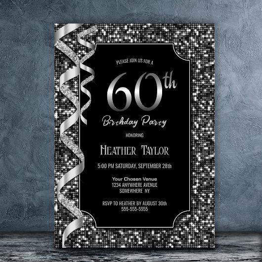 Invitation Black White Sequins 60e fête d'anniversaire