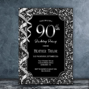 Invitation Black White Sequins 90e fête d'anniversaire