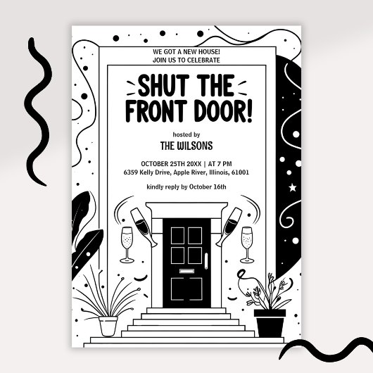 Invitation Black & White Shut the Front Door Housewarming