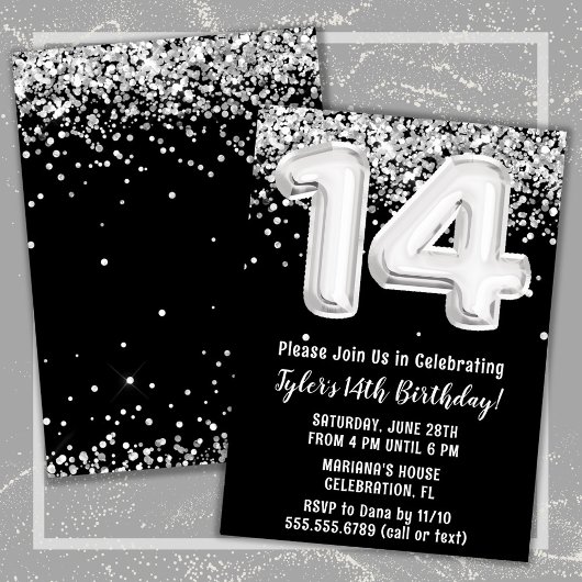 Invitation Black White Silver 14e fête d'anniversaire