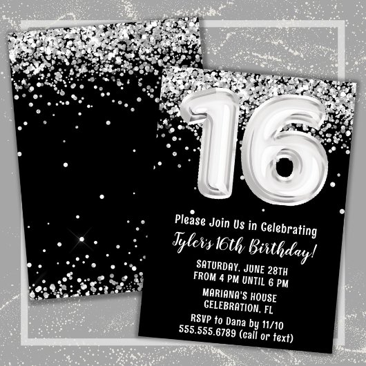 Invitation Black White Silver 16e fête d'anniversaire