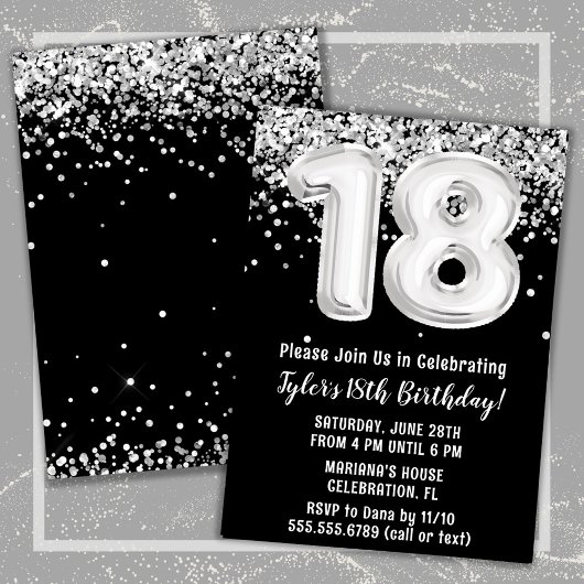 Invitation Black White Silver 18e fête d'anniversaire