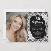 Invitation Black White Silver Damask Photo 50th Birthday (Devant)