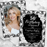 Invitation Black White Silver Damask Photo 50th Birthday<br><div class="desc">Elégante invitation à 50e anniversaire fleurie avec votre photo au verso de la carte. Design blanc noir glam avec faux parties scintillant argent. Caractéristiques noir et blanc damask motif, rose, police de script et confetti. Parfait pour une fête anniversaire adulte élégante. Personnalisez avec vos propres détails. Peut être customisé pour...</div>