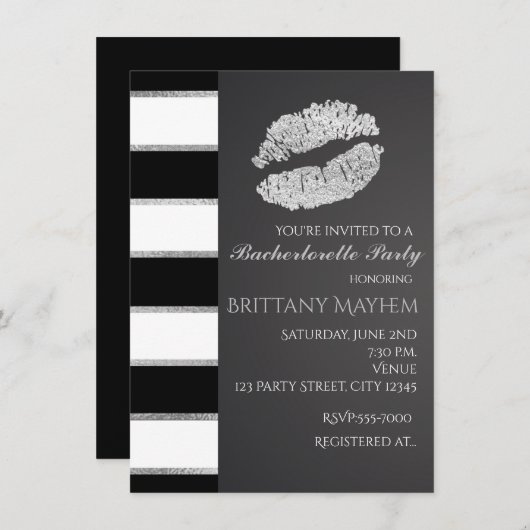 Invitation Black White & Silver Faux Shimmer Lèvres Kiss Part (Devant / Derrière)