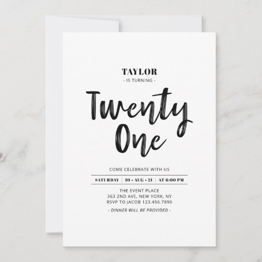 Invitation Black & White Simple 21e fête d'anniversaire (Devant)