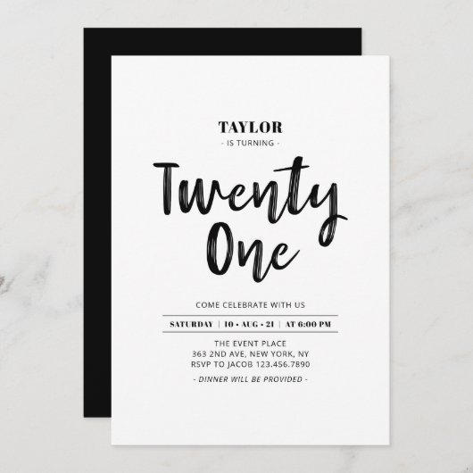 Invitation Black & White Simple 21e fête d'anniversaire (Devant / Derrière)