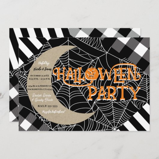 Invitation Black & White Spiderweb Patchwork Halloween Party (Devant / Derrière)