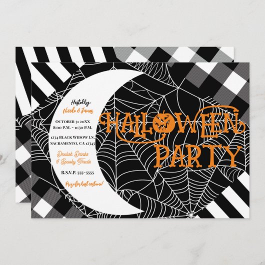 Invitation Black & White Spiderweb Patchwork Halloween Party (Devant / Derrière)