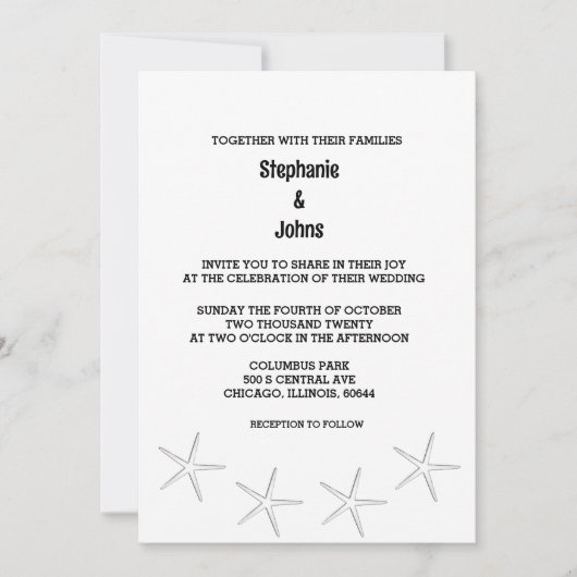Invitation Black White Starfish Beach Destination Mariage (Devant)