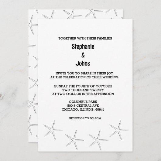 Invitation Black White Starfish Beach Destination Mariage (Devant / Derrière)