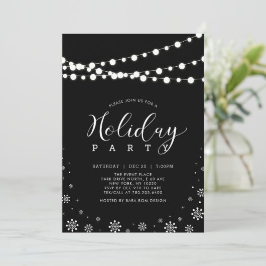 Invitation Black & White String Lights Entreprise Fête (Debout devant)