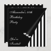 Invitation Black White Stripe 40th Birthday Event Silver Love (Devant / Derrière)