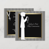 Invitation Black White Stripe Rosary Boys First Communion (Devant / Derrière)