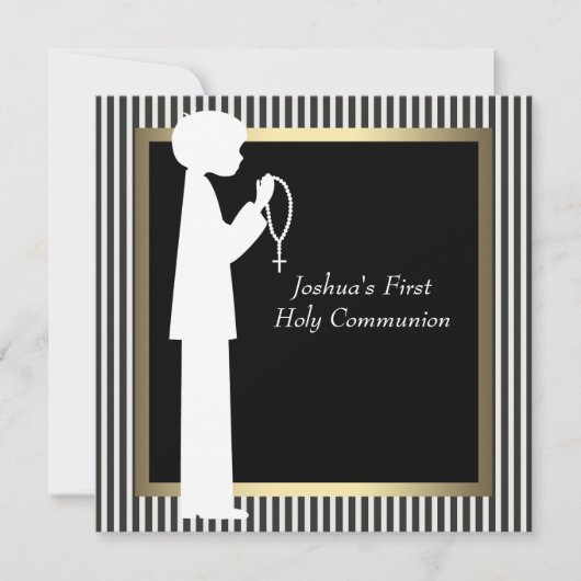 Invitation Black White Stripe Rosary Boys First Communion (Devant)