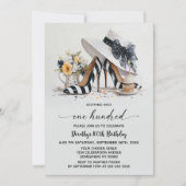 Invitation Black White Striped High Heel Shoes 100th Birthday (Devant)