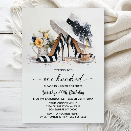 Invitation Black White Striped High Heel Shoes 100th Birthday