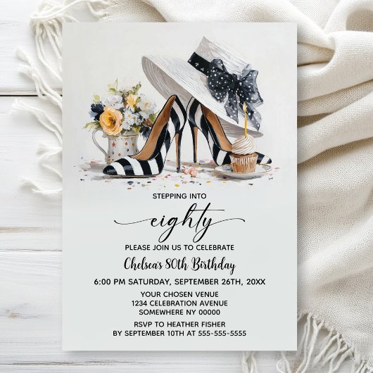 Invitation Black White Striped High Heel Shoes 80th Birthday
