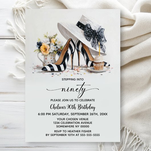 Invitation Black White Striped High Heel Shoes 90th Birthday