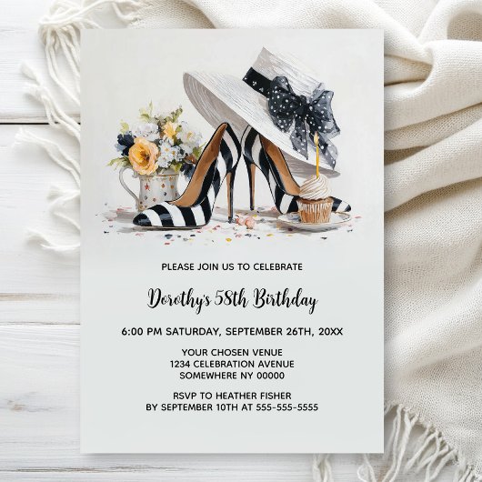 Invitation Black White Striped High Heel Shoes Birthday Party