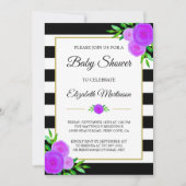 Invitation Black White Stripes Aquarelle Baby shower Floral (Devant)