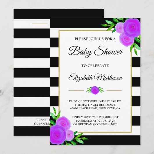 Invitation Black White Stripes Aquarelle Baby shower Floral (Devant / Derrière)