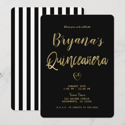 Invitation Black & White Stripes Gold Chic 15 Quinceañera (Devant / Derrière)